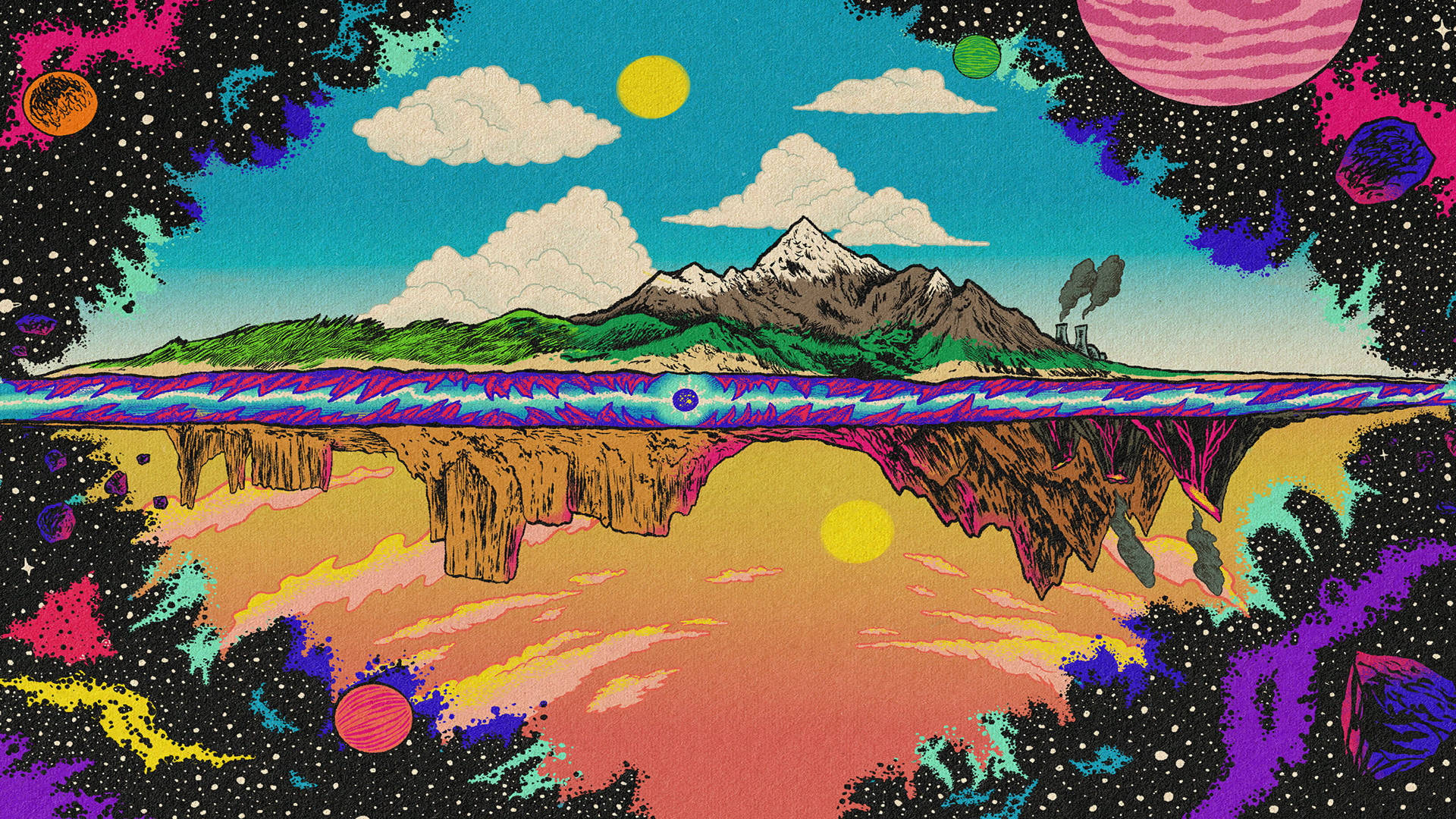 超現實景觀，有山脈和倒映的迷幻地下世界，在星空和行星下。