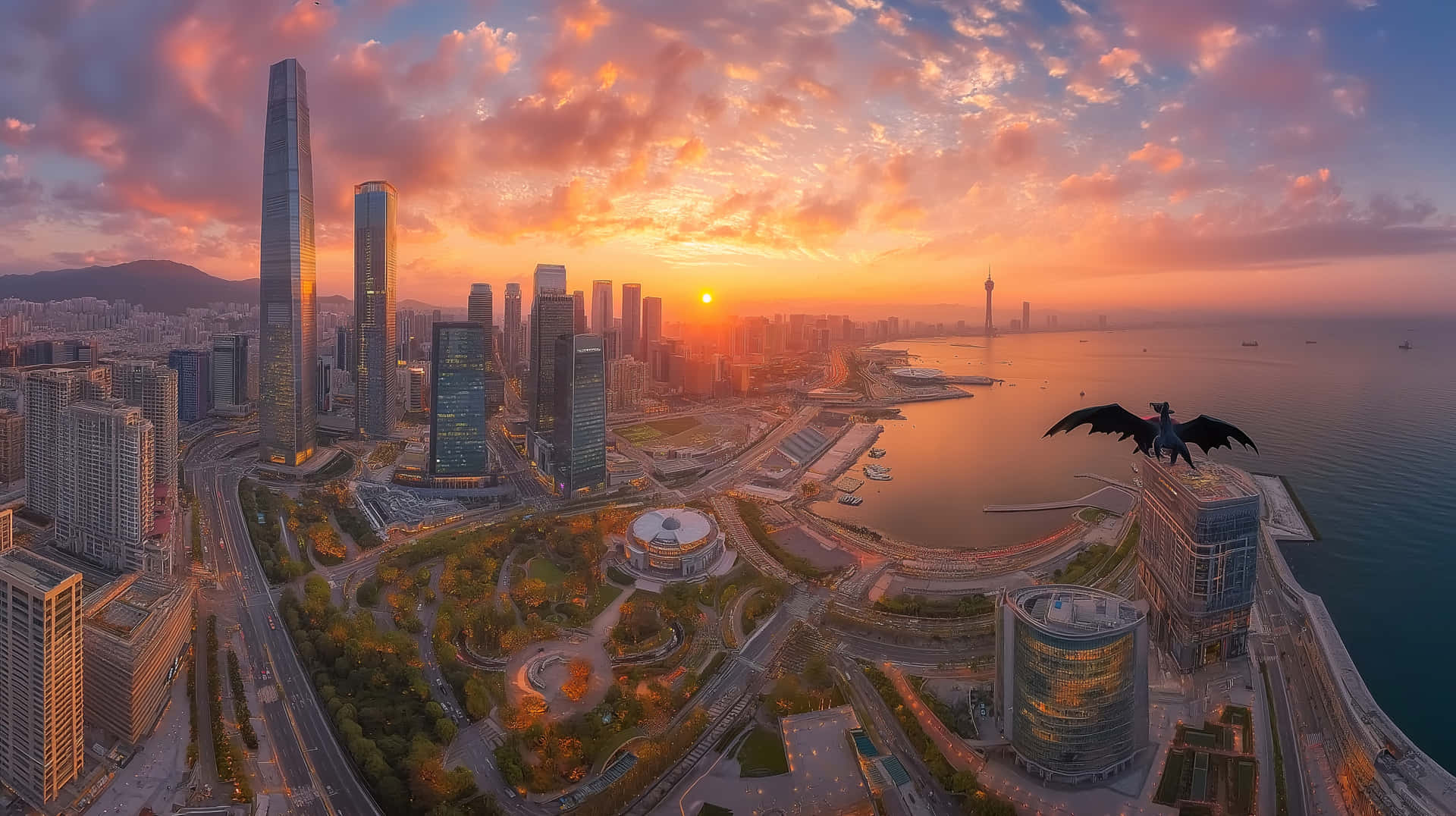 香港城市景觀，夕陽西下，龍雕像俯瞰港口和摩天大樓