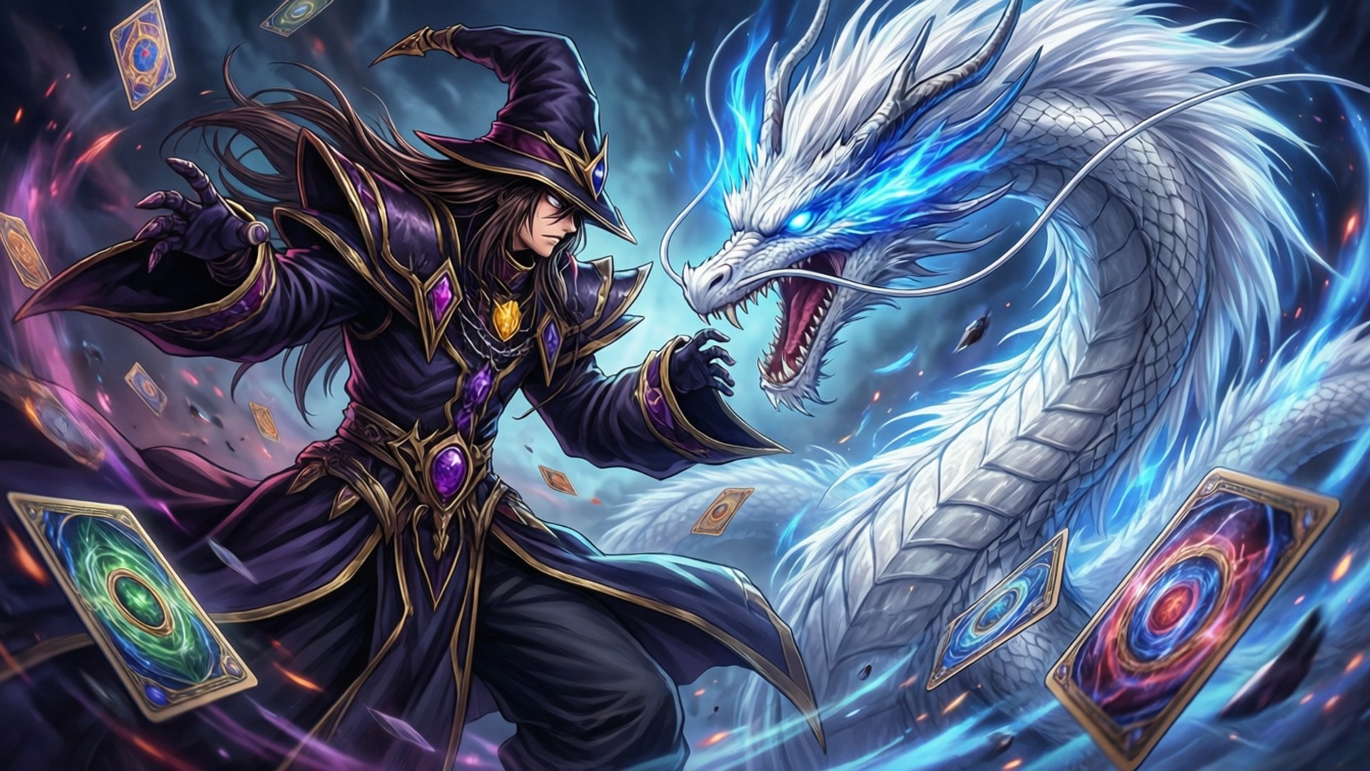 Epic Duel Clash 壁紙 — 一位身穿深色長袍的巫師在漂浮的神秘卡牌中向咆哮的白龍引導魔法。