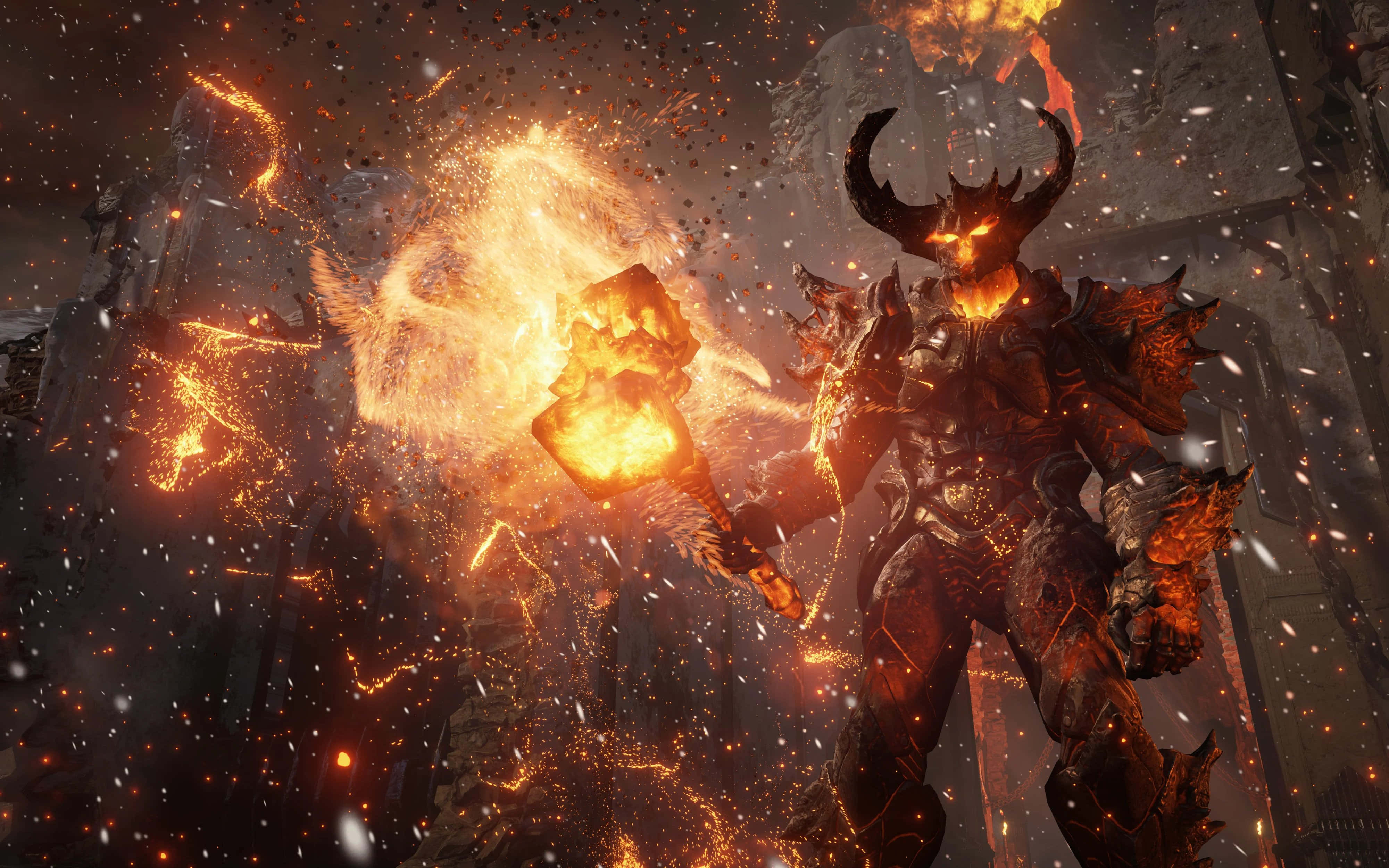 探索《Epic》的無限可能 壁紙 — 一個身穿尖刺盔甲的惡魔戰士，在黑暗廢墟中，於火花和熔岩碎片的風暴中揮舞著火焰錘。