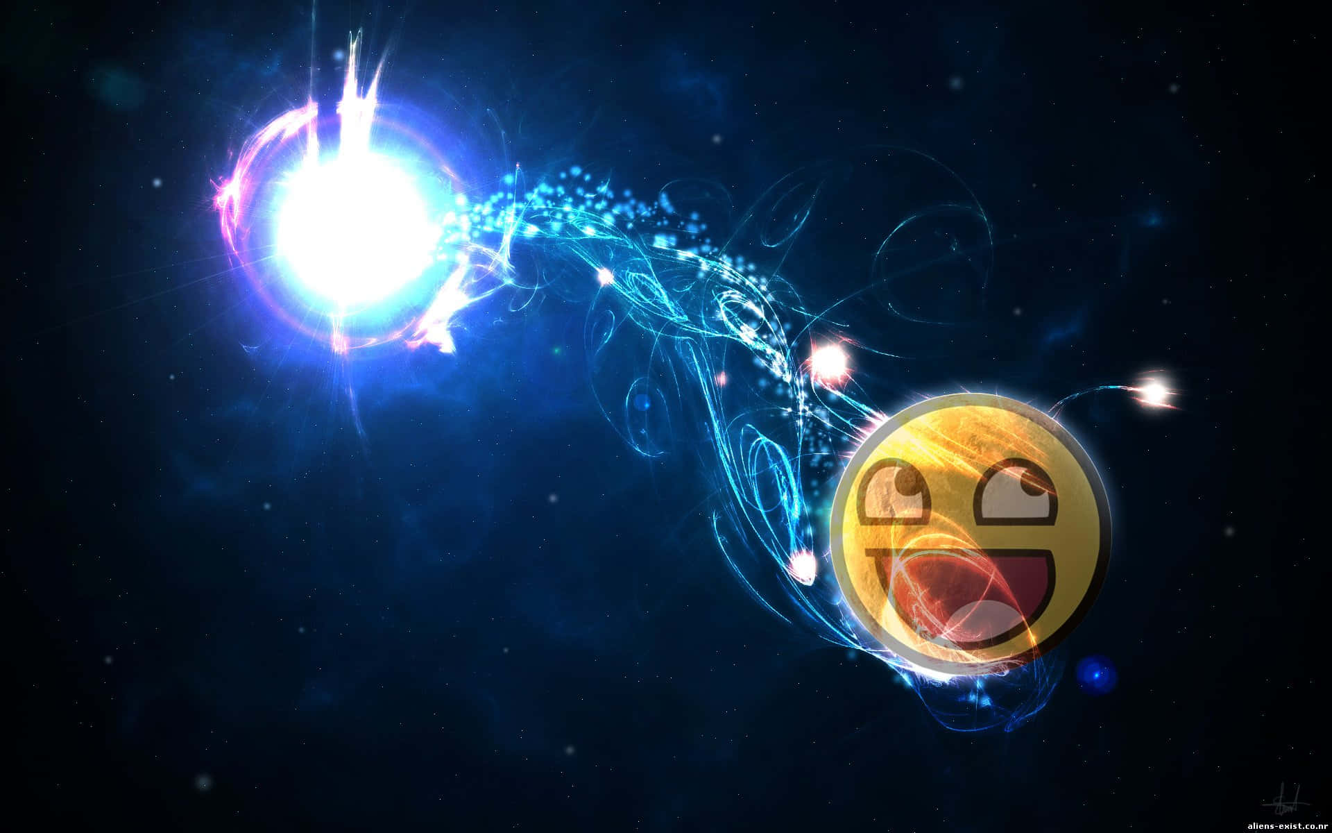 Epic Face - 無可阻擋的力量 壁紙 — 一個發光的笑臉表情符號劃過深邃太空，拖曳著藍色能量軌跡，奔向光芒四射的星爆。