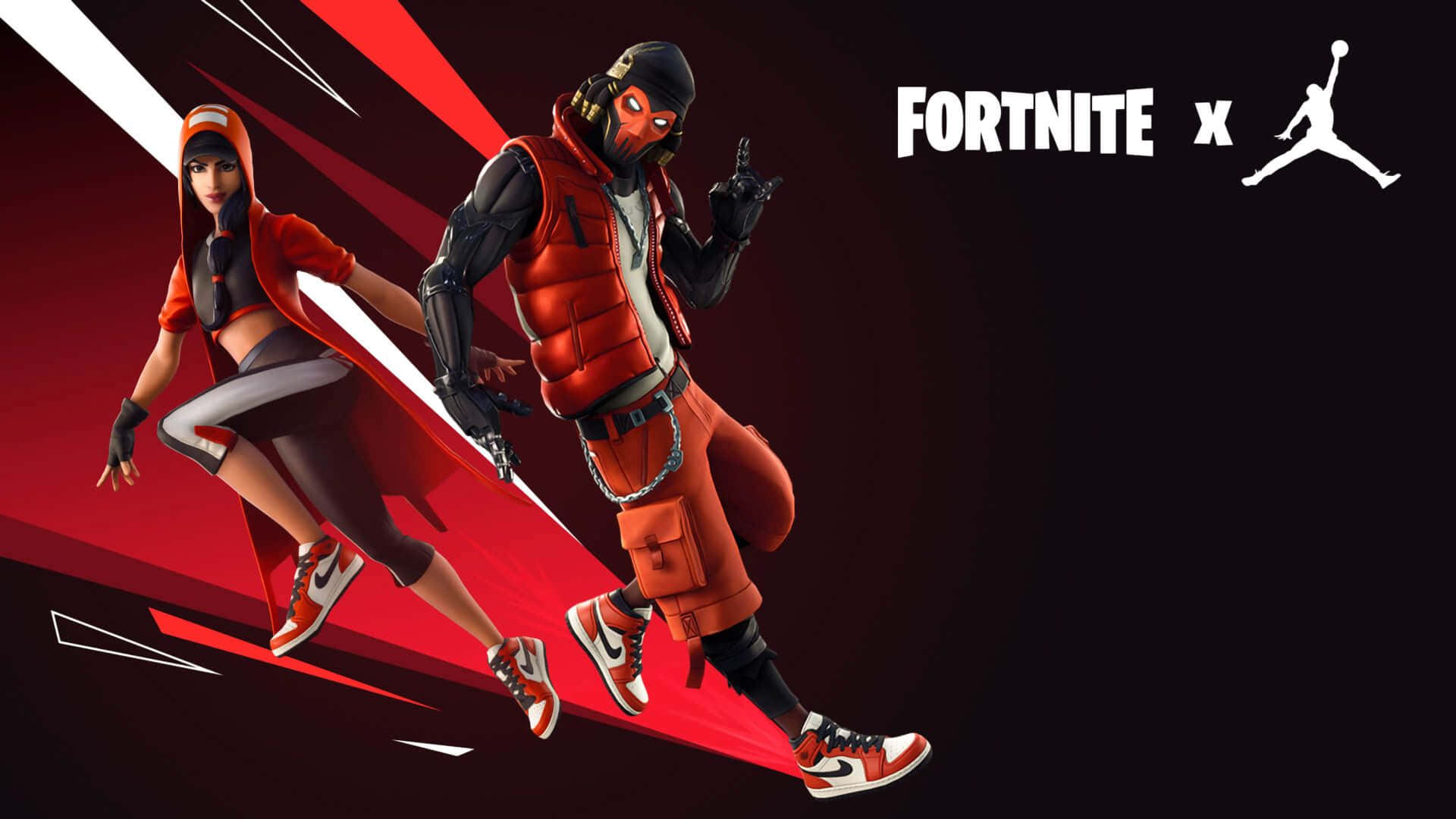 Epic Games《Fortnite》角色 壁紙 — 兩個穿著紅色和黑色服裝、搭配Jordan運動鞋的Fortnite角色，在紅色和黑色有角背景前動態擺姿勢。