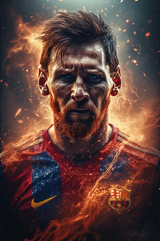 Epic Messi Fantasy Art 4K 壁紙 — 里奧內爾·美斯身穿巴塞隆拿球衣的兇猛特寫，被熾熱的橙色火花和發光的餘燼包圍。
