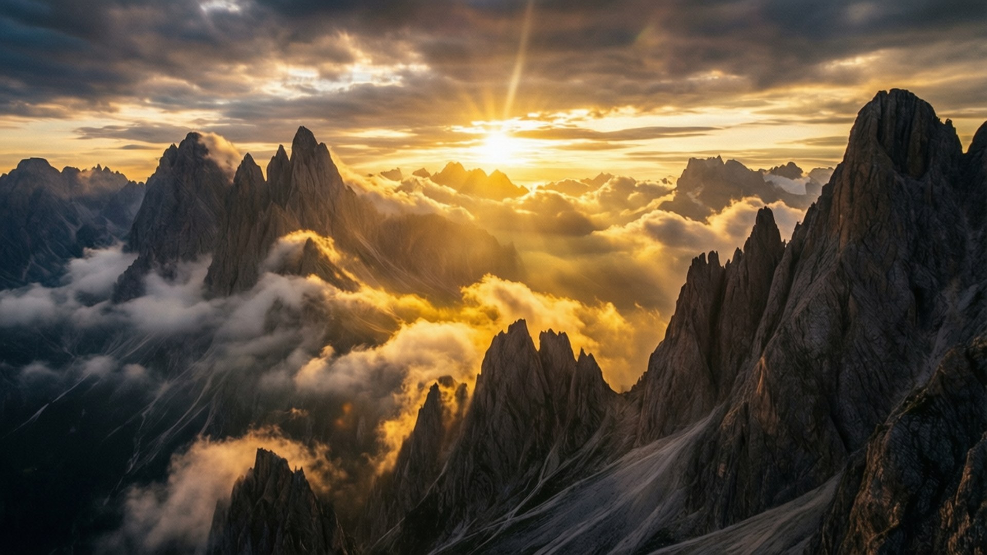 陽光穿過雲層，照亮了從霧谷中升起的尖銳山峰。
