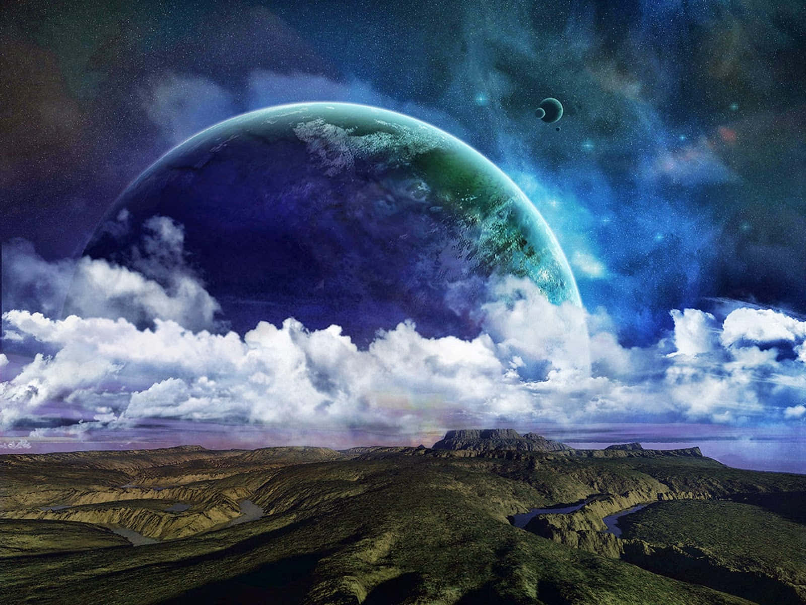 外星行星在峽谷上空升起，下方是繁星點點的天空和星雲。
