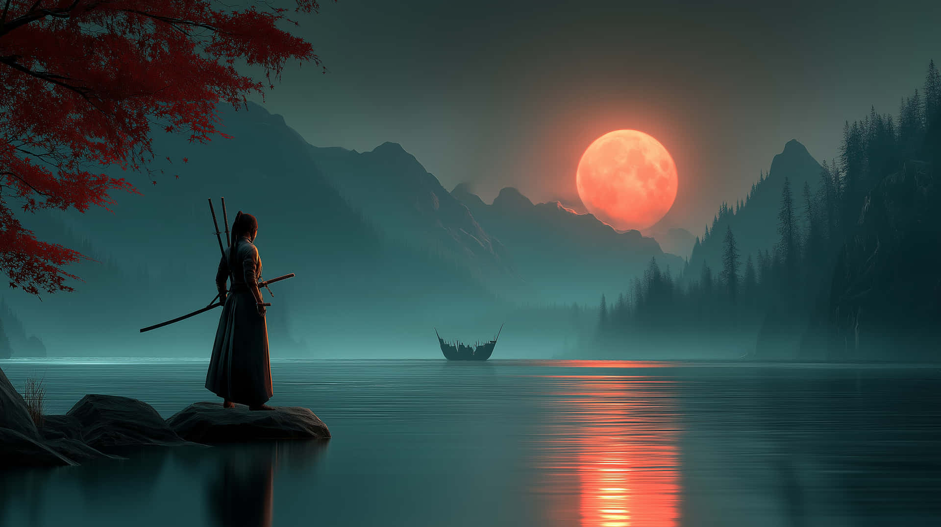 武士站在湖邊岩石上，紅月下，遠處有小船和霧中森林覆蓋的山脈