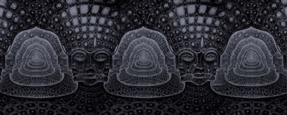 三個碎形面孔，帶有重複的幾何圖案，以灰階呈現。