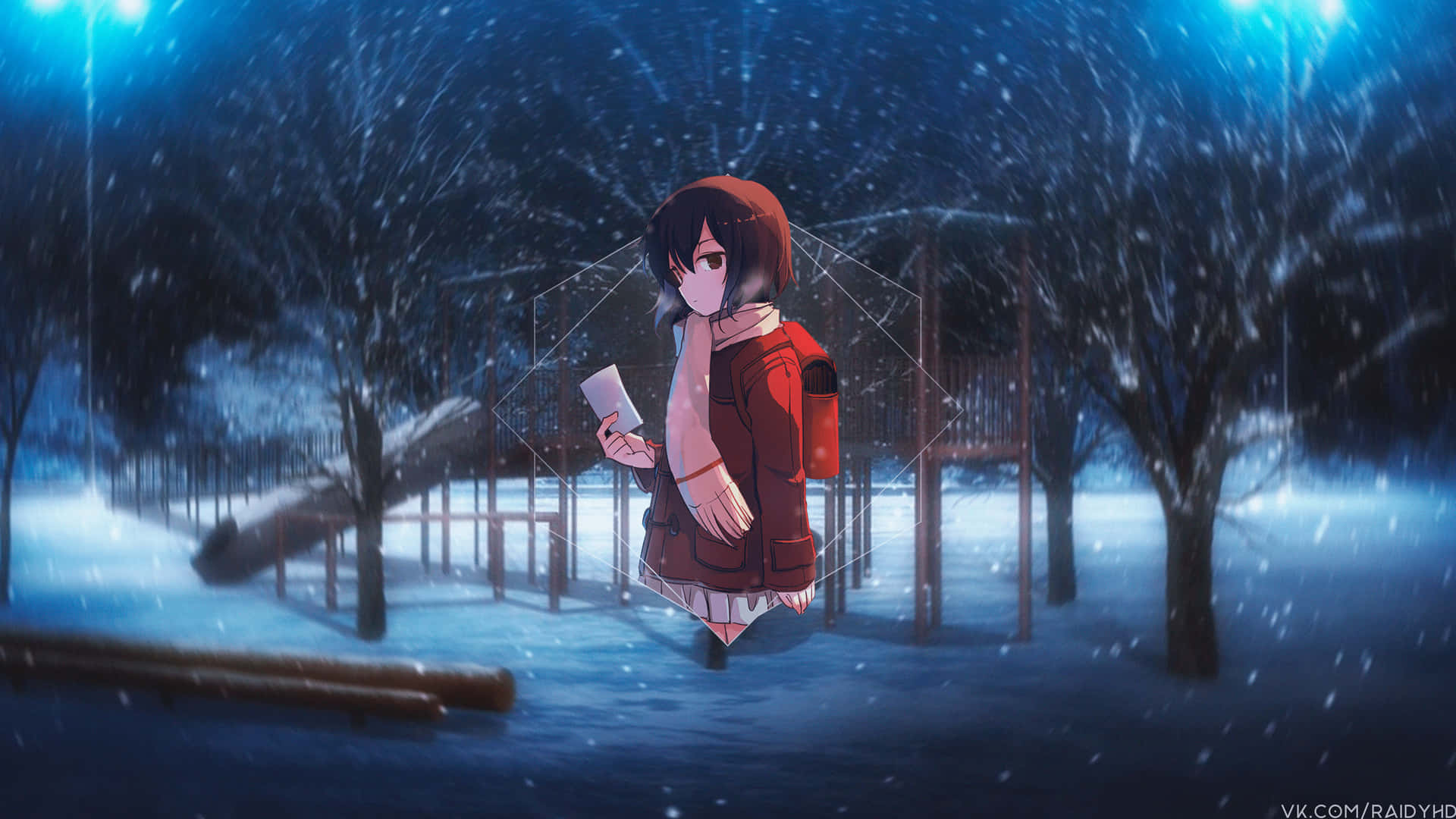 紅外套動漫女孩在夜晚雪公園中，藍光下手持信件。
