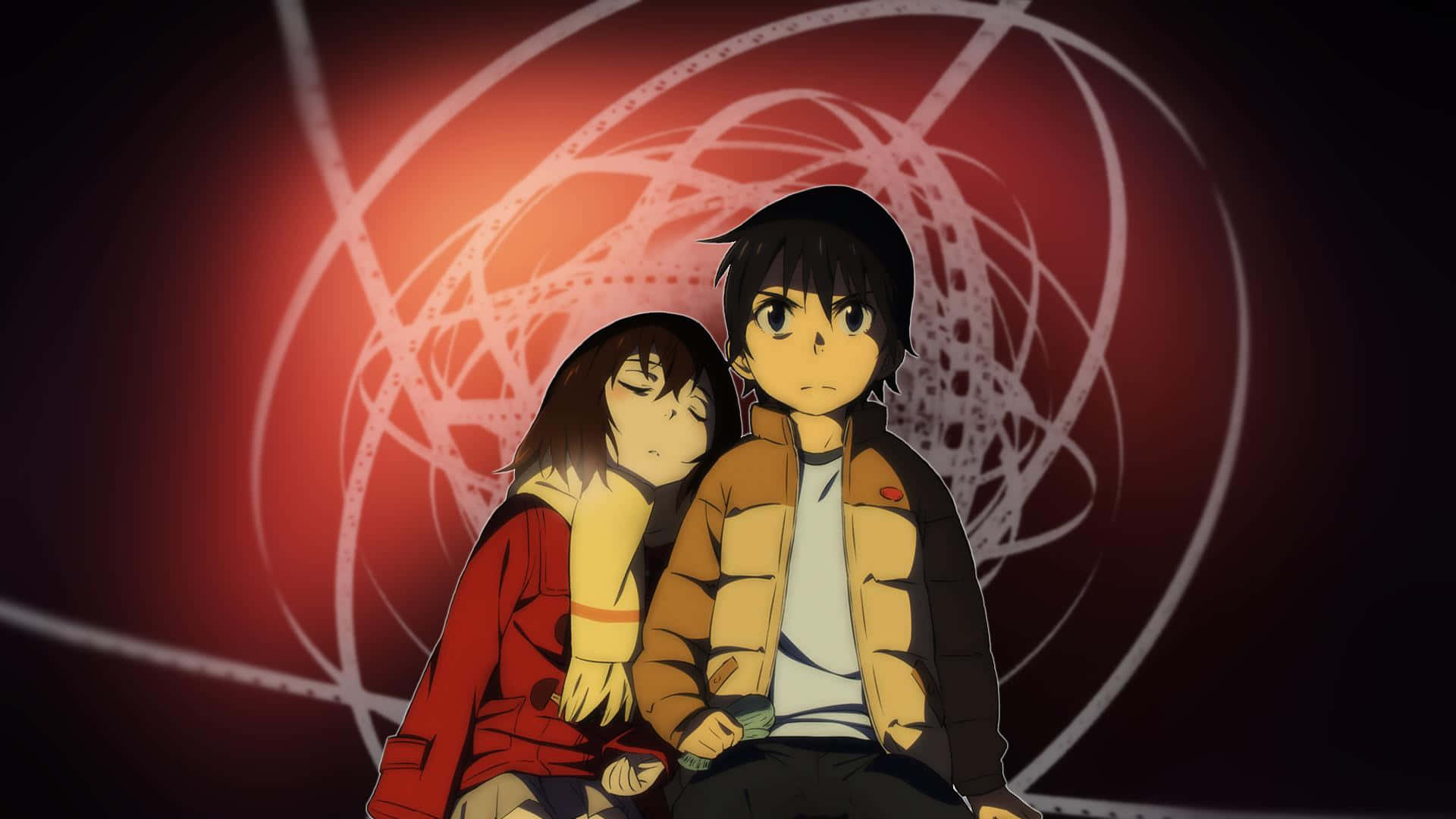 《Erased》城市風景的寧靜輝光 壁紙 — 兩個動漫角色緊靠在一起，背景是發光的紅色和白色抽象背景。