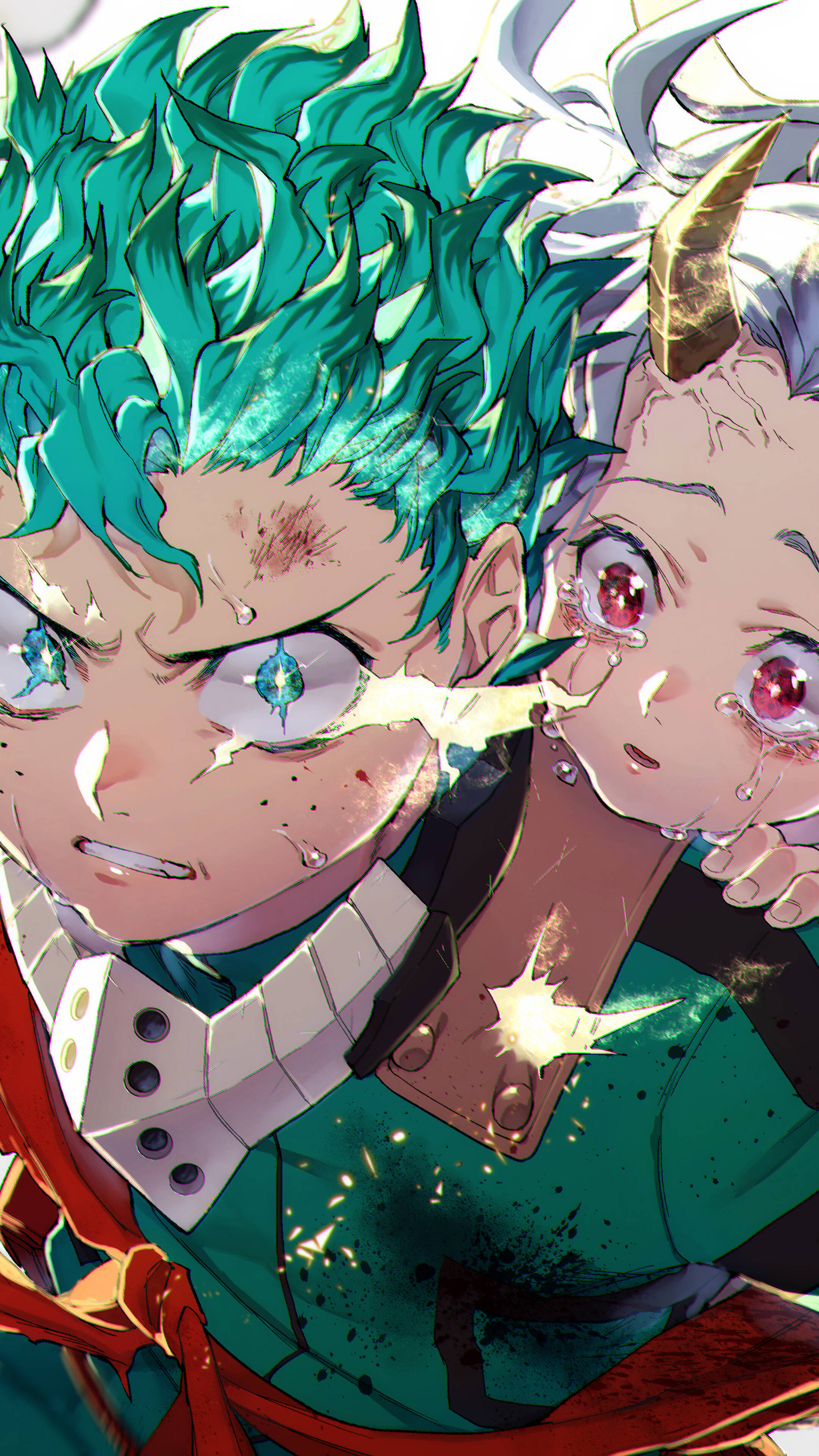 Eri 背靠 Midoriya 壁紙 — 兩個動漫角色，擁有尖刺的綠色和白色頭髮，在充滿動感的戰鬥場景中碰撞，眼睛發光，火花四濺。