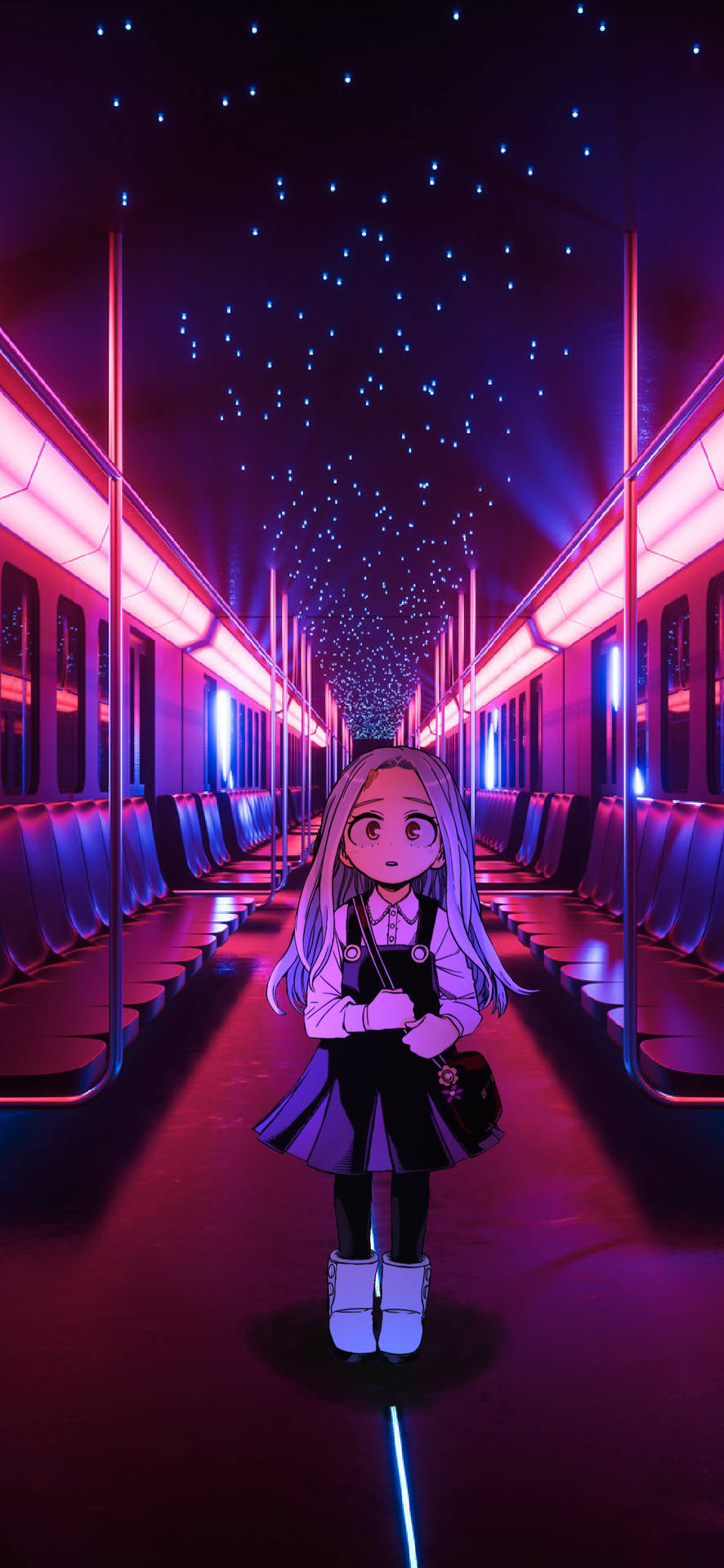 動漫女孩在閃爍星光的霓虹地鐵中。
