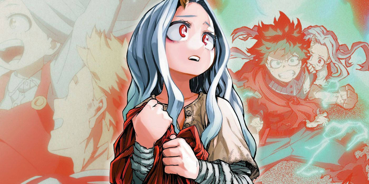 Eri 與 Mirio 與 Midoriya 壁紙 — 一個堅定的動漫女孩，銀髮紅眼，緊握她的紅色外套，而其他角色的模糊動作人偶在她身後湧現，形成一個動態的戰鬥場景。