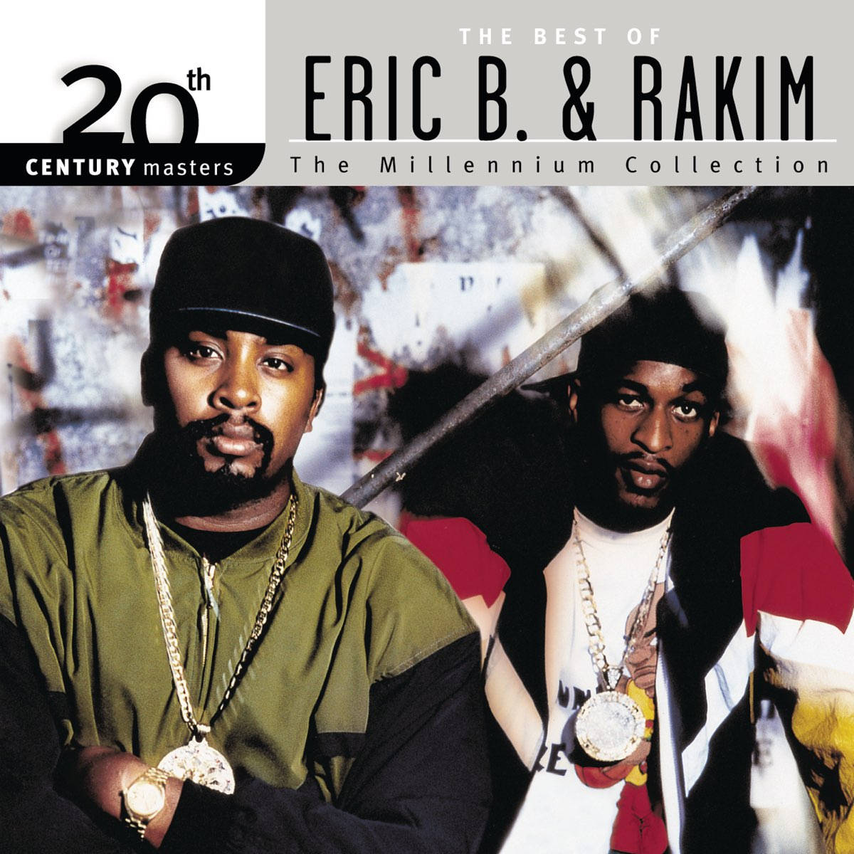 Eric B 和 Rakim 身穿嘻哈服飾，配有鏈條和塗鴉背景。