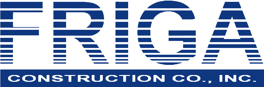 ERIGA 建築公司標誌 壁紙 — Friga Construction Co Inc 在黑色背景上的大膽藍色條紋標誌。
