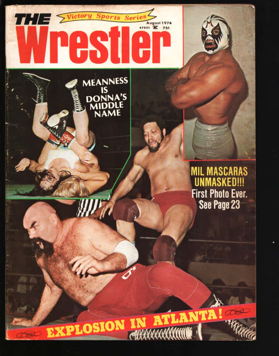 Ernie Ladd 古董雜誌封面 壁紙 — 1974年復古摔角雜誌封面，展示戴面具和未戴面具的摔角手以動作姿勢呈現，並帶有粗體標題。