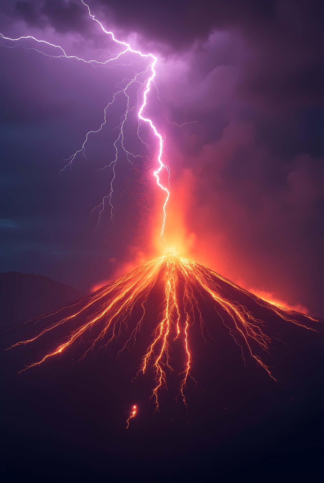 Eruption of Elemental Power 壁紙 — 火山爆發沐浴在熾熱橙色熔岩流中，一道巨大的紫色閃電從暴風雨的天空中劈下。