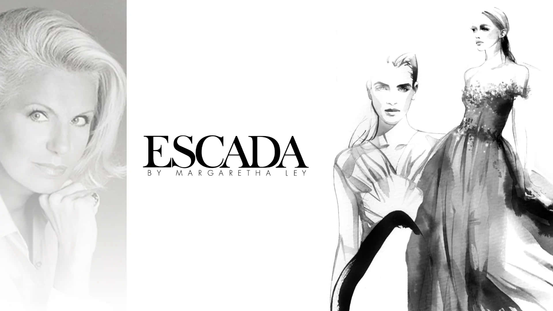 Escada by Margaretha Ley 時尚廣告，附有肖像和穿著禮服的模特兒草圖。
