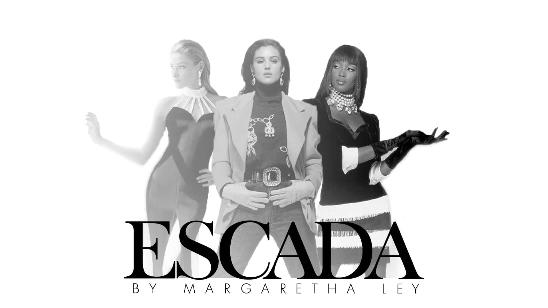 三位時裝模特兒穿著帶有「ESCADA」品牌的高級服裝擺姿勢。