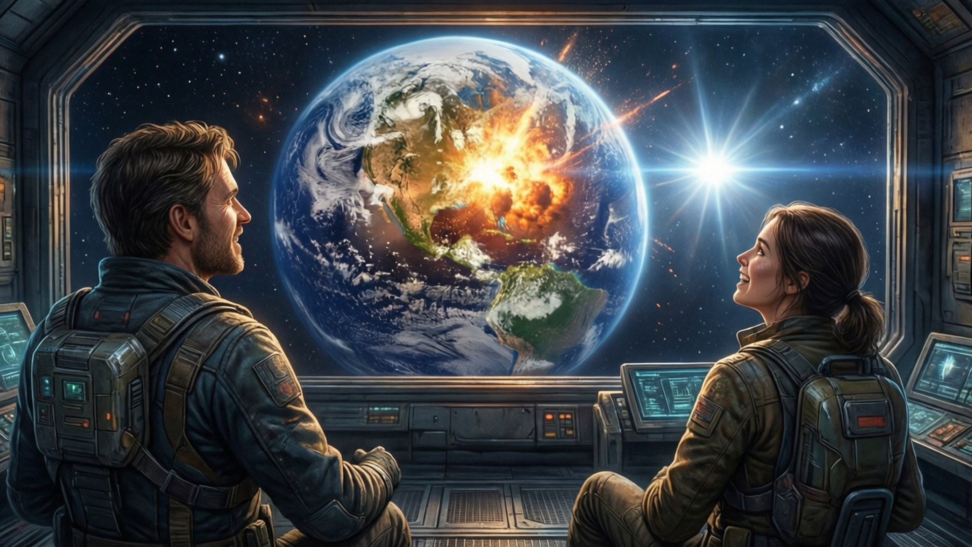 兩名太空人從太空船駕駛艙內看著他們的行星爆炸成熾熱的橙色和藍色。