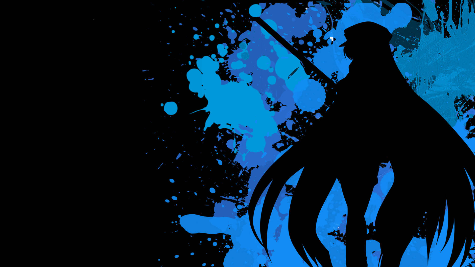 Esdeath 剪影 壁紙 — 一個長髮戴帽的動漫人物剪影，在充滿活力的藍色油漆飛濺背景前顯得引人注目。