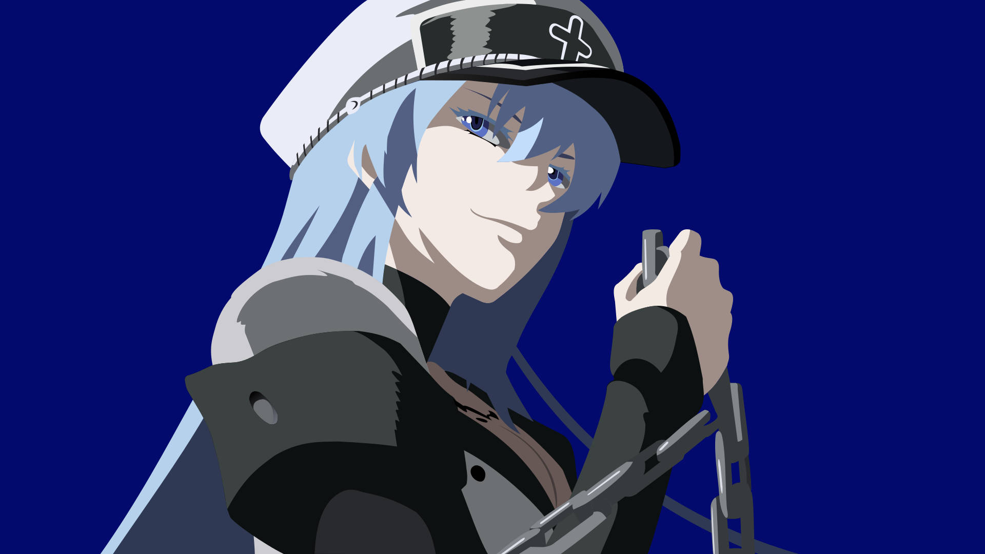 Esdeath 向量藝術 壁紙 — 藍髮戴帽的動漫角色在深藍色背景前手持武器。