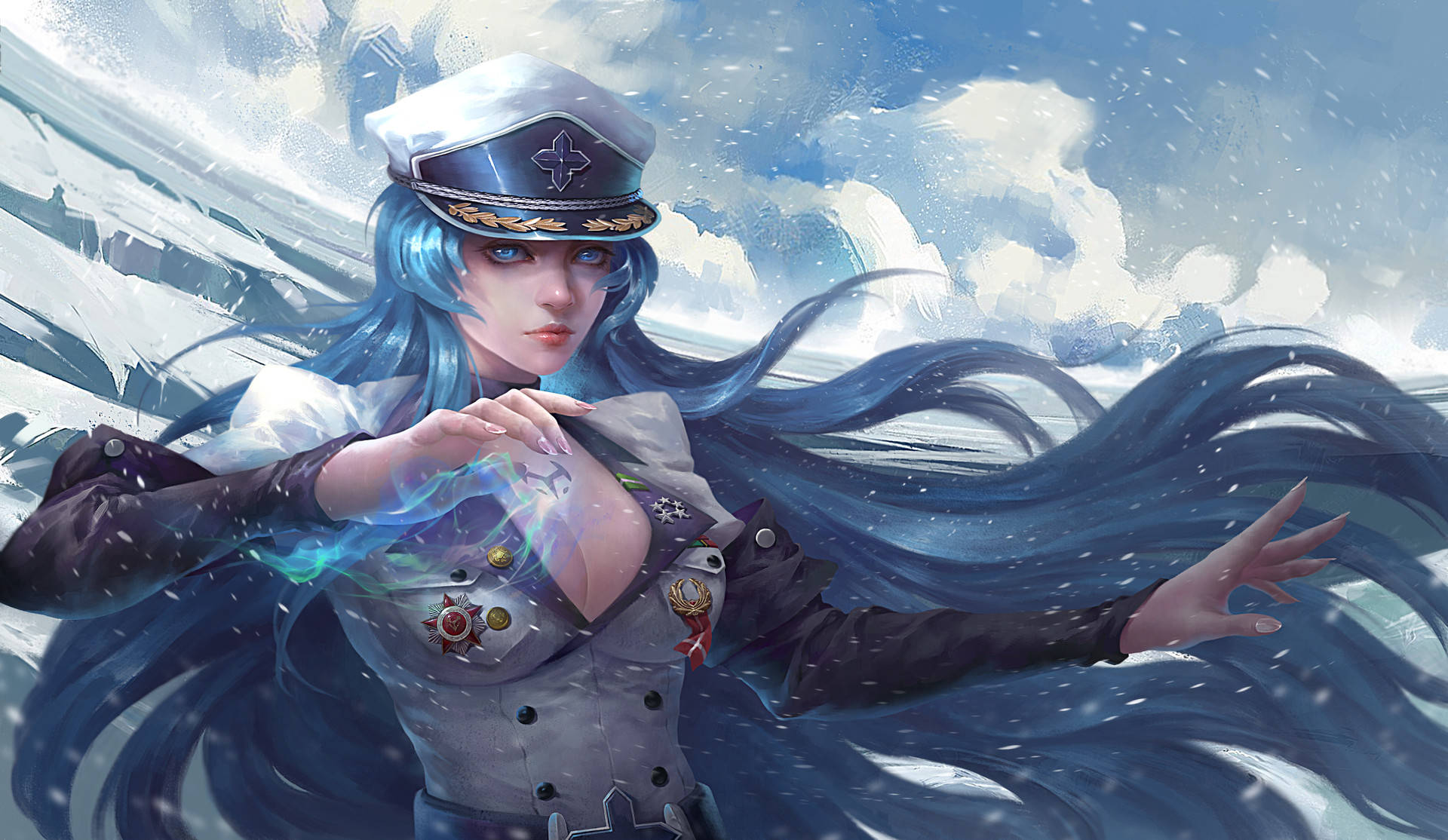 Esdeath 在苔原 壁紙 — 一位藍髮動漫水手制服女性站在雪風中，發光的魔法在她手邊旋轉。