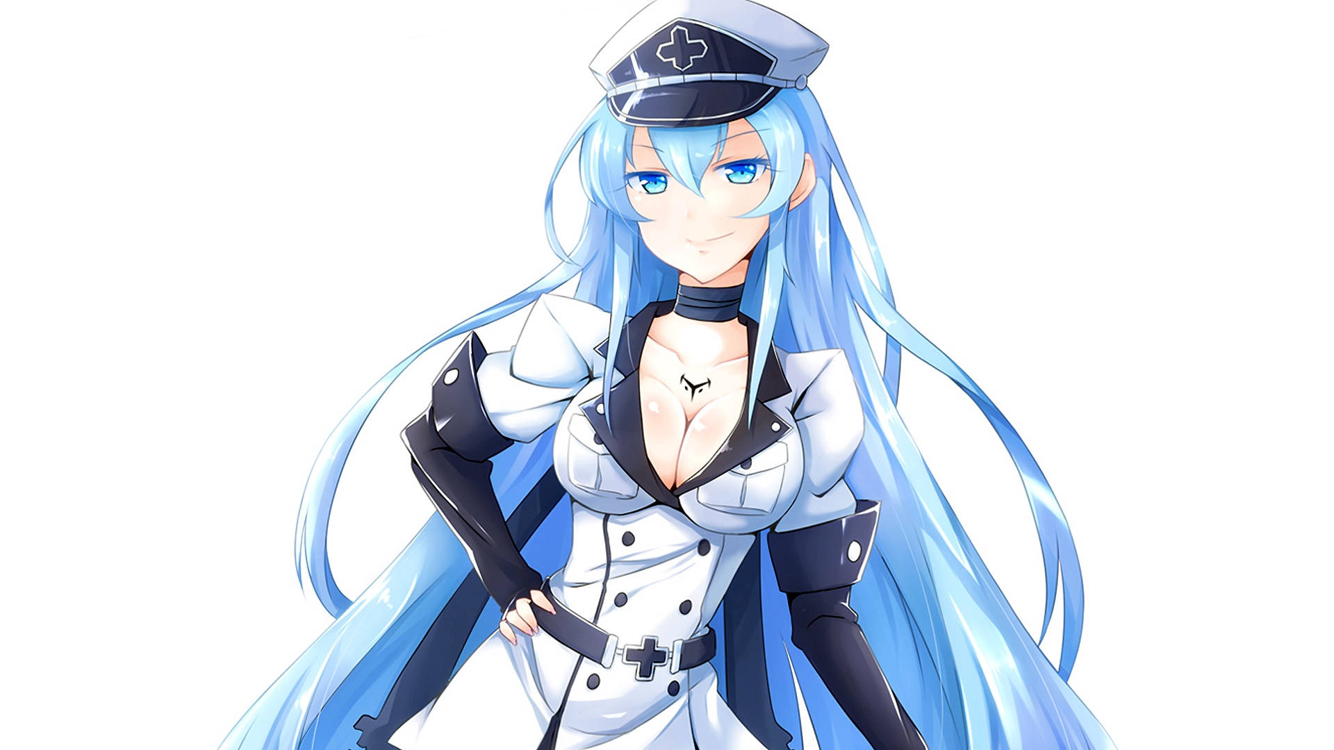Esdeath 姿勢照 壁紙 — 動漫女孩，長長嘅藍色頭髮，著住護士制服，喺白色背景前自信咁擺姿勢。