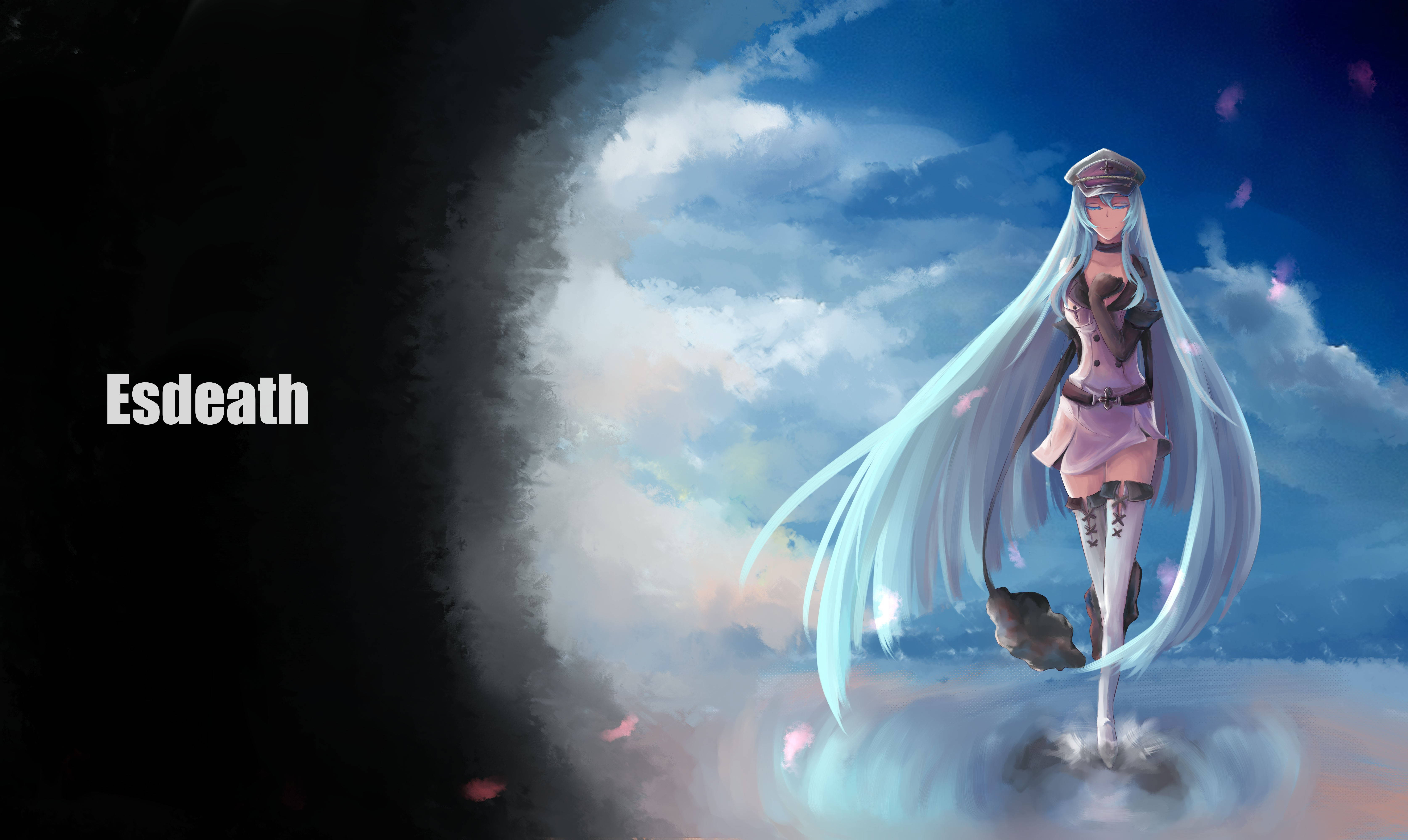 Esdeath 海灘漫步 壁紙 — 長著青色長髮和粉紅色服裝的動漫女孩站在旋轉的雲朵上，背景是戲劇性的藍天，漂浮著粉紅色的花瓣。