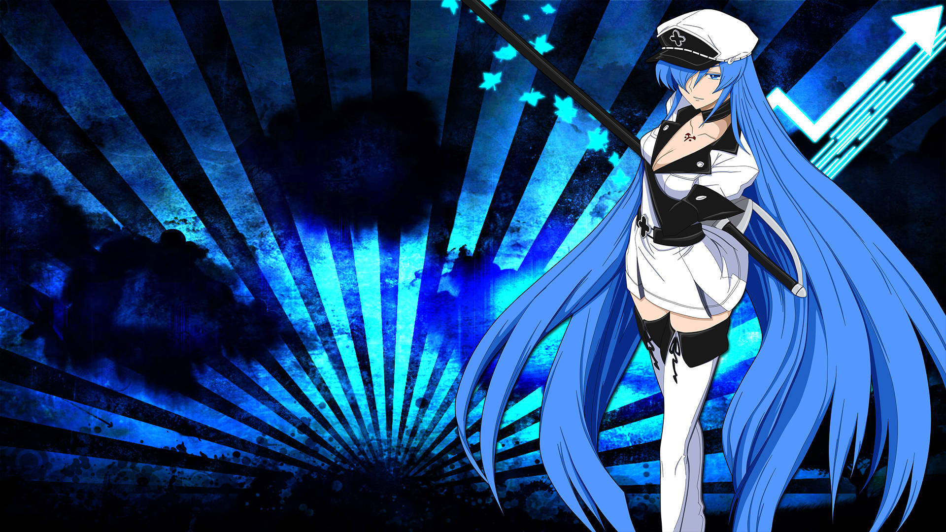 Esdeath 背景藍光 壁紙 — 一位藍髮動漫女孩穿著白色水手服，自信地站在帶有發光箭頭的動態藍色放射背景前。