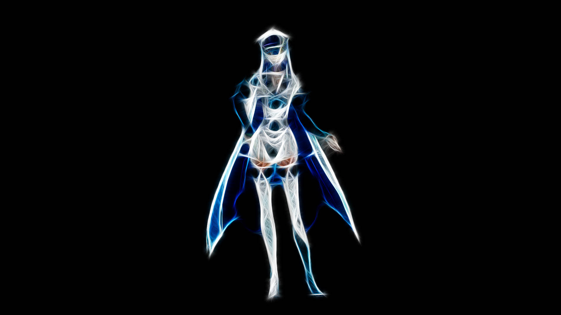 Esdeath 草圖 壁紙 — 一個發光的藍白色動漫風格女戰士剪影站在黑色背景前。