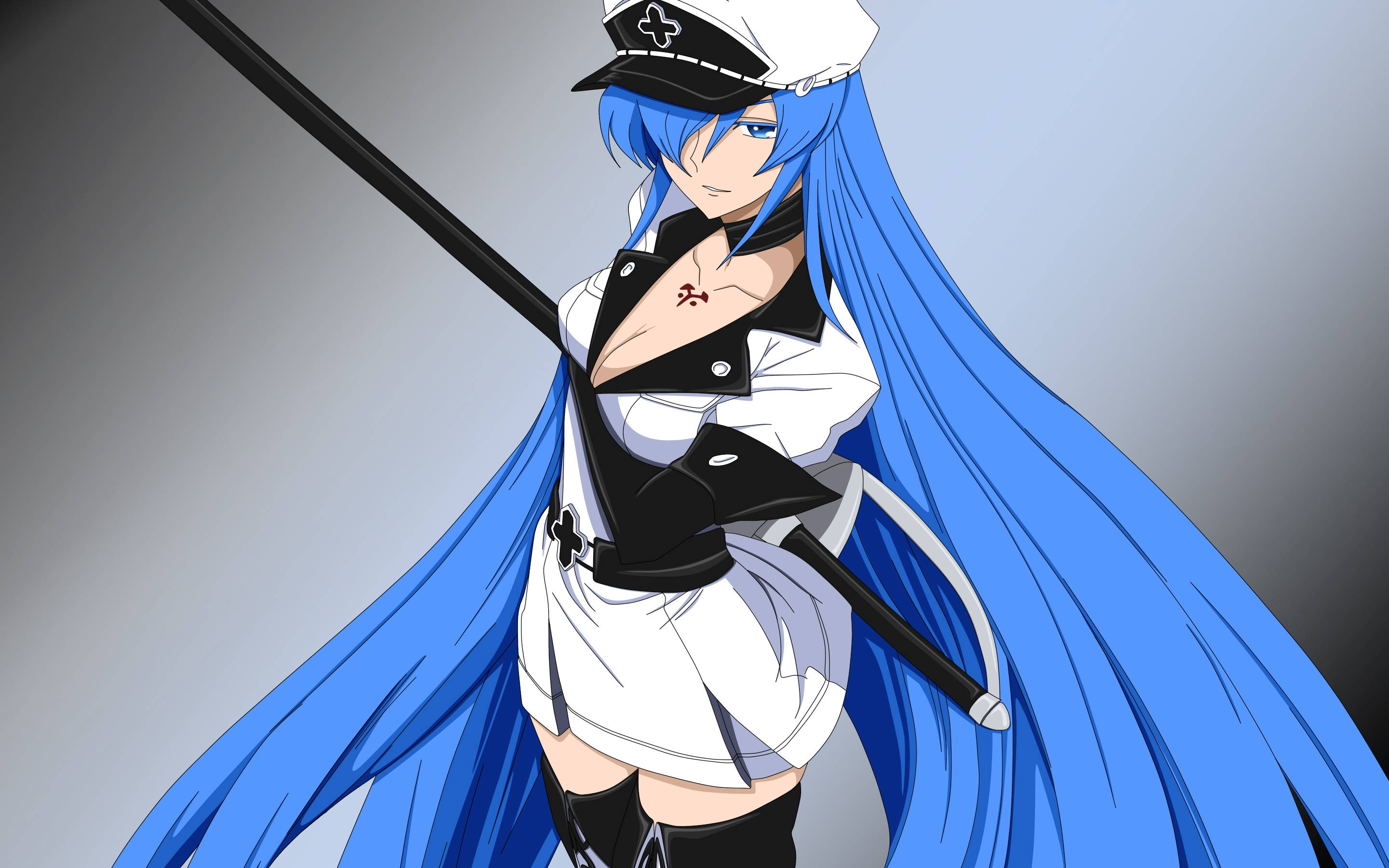 Esdeath 裝備劍刃 壁紙 — 藍髮動漫女孩穿著白色和黑色制服，在灰色漸變背景前拿著一根長長的黑色法杖。