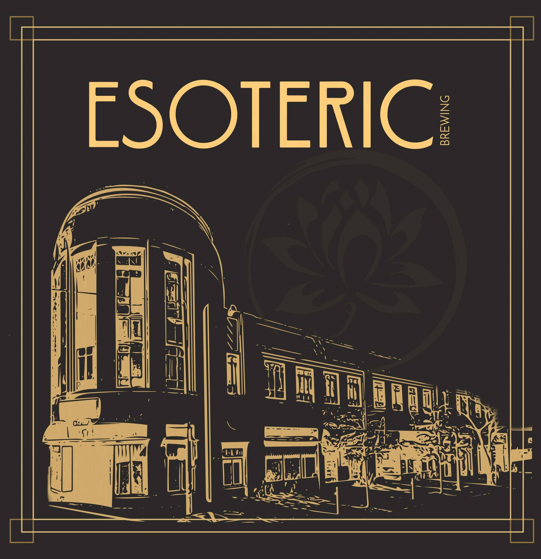 Esoteric Brewing標誌，深色背景上金色復古建築插圖和蓮花標誌。