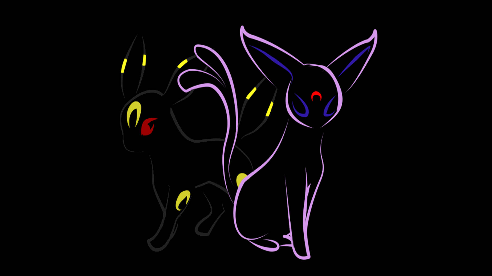 兩個發光的 Pokémon 剪影，以霓虹紫色和黃色勾勒，背景為黑色。