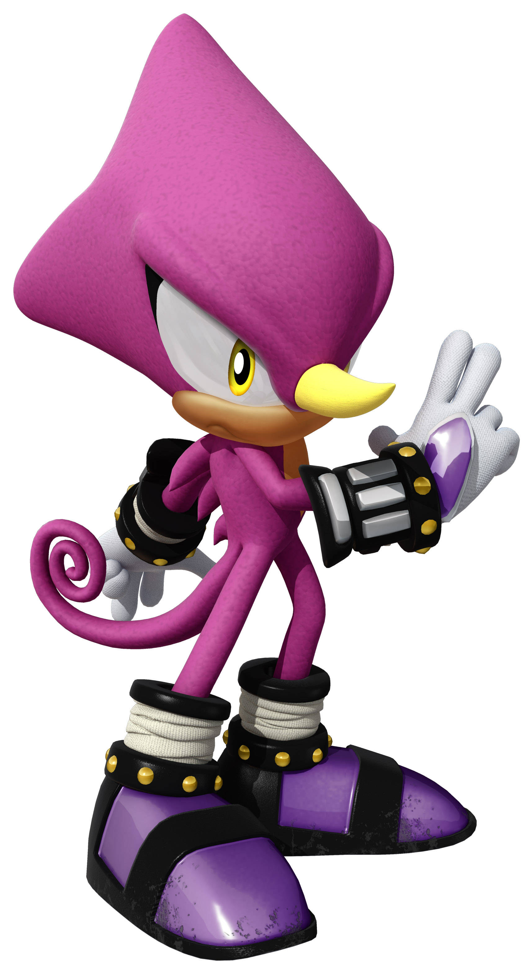 Espio 青蛙變色龍 3D 白色背景圖 壁紙 — 一隻鮮豔的紫色擬人化刺蝟，有著星形頭部和黃色喙，在純白色背景上愉快地揮手。