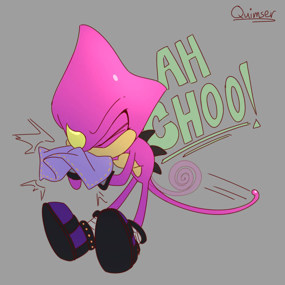 Espio 青蛙變色龍打噴嚏藝術圖 壁紙 — 一隻粉紅色擬人化刺蝟戲劇性地打噴嚏，手持紫色手帕，背景為灰色。