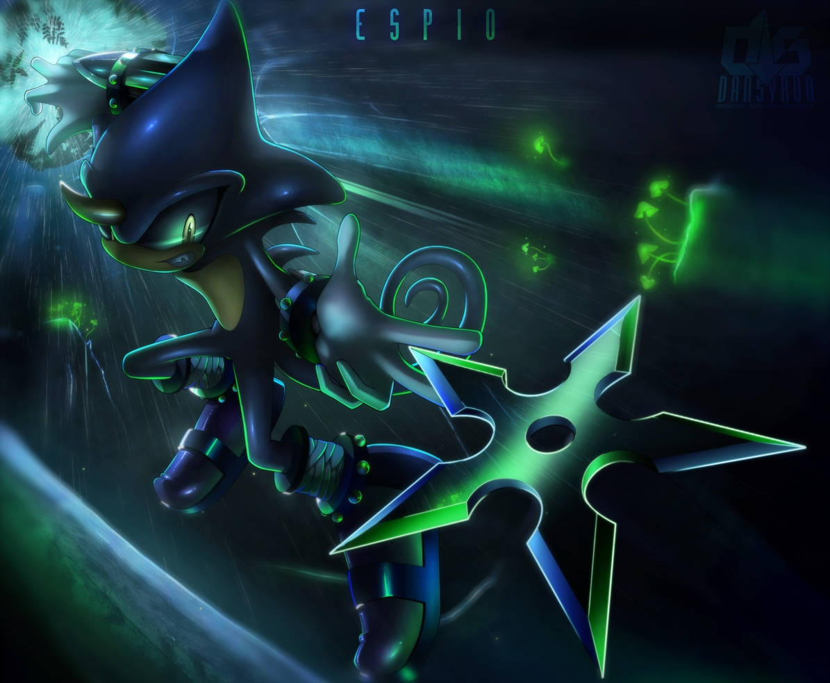 Espio 青蛙變色龍星刃戰鬥圖 壁紙 — 一隻深藍色擬人化的狐狸，擁有綠色發光的眼睛和一個星形的手裏劍，在暴風雨般的綠色和黑色背景中移動。