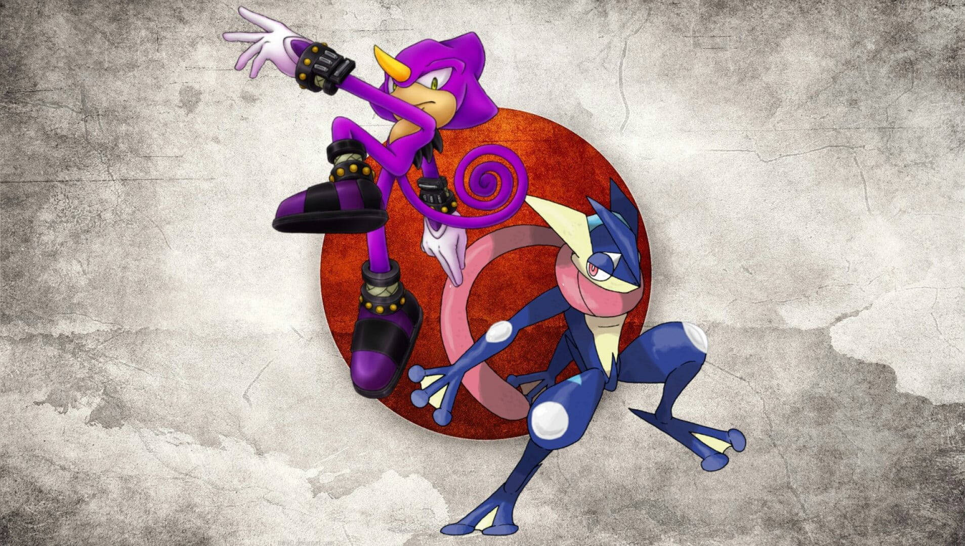 Espio變色龍與藍色青蛙 壁紙 — 一隻紫色擬人化狐狸和藍色青蛙狀生物在裂紋混凝土背景上動態擺姿勢，帶有紅色圓形元素。