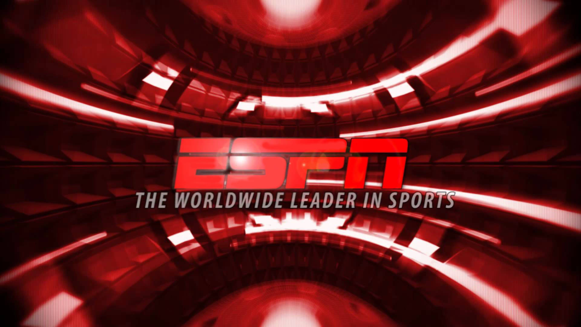 ESPN紅色運動標誌 壁紙 — 大膽的紅色ESPN標誌置於未來感隧道中央，帶有發光霓虹條紋和金屬質感。