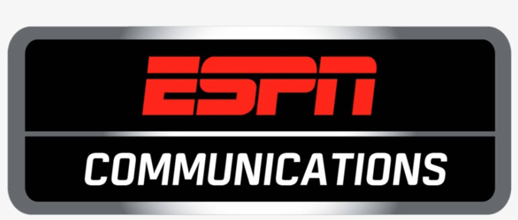 ESPN通訊媒體 壁紙 — 一個時尚的ESPN Communications標誌，黑色背景上帶有粗體紅色文字，並以銀色金屬邊框環繞。