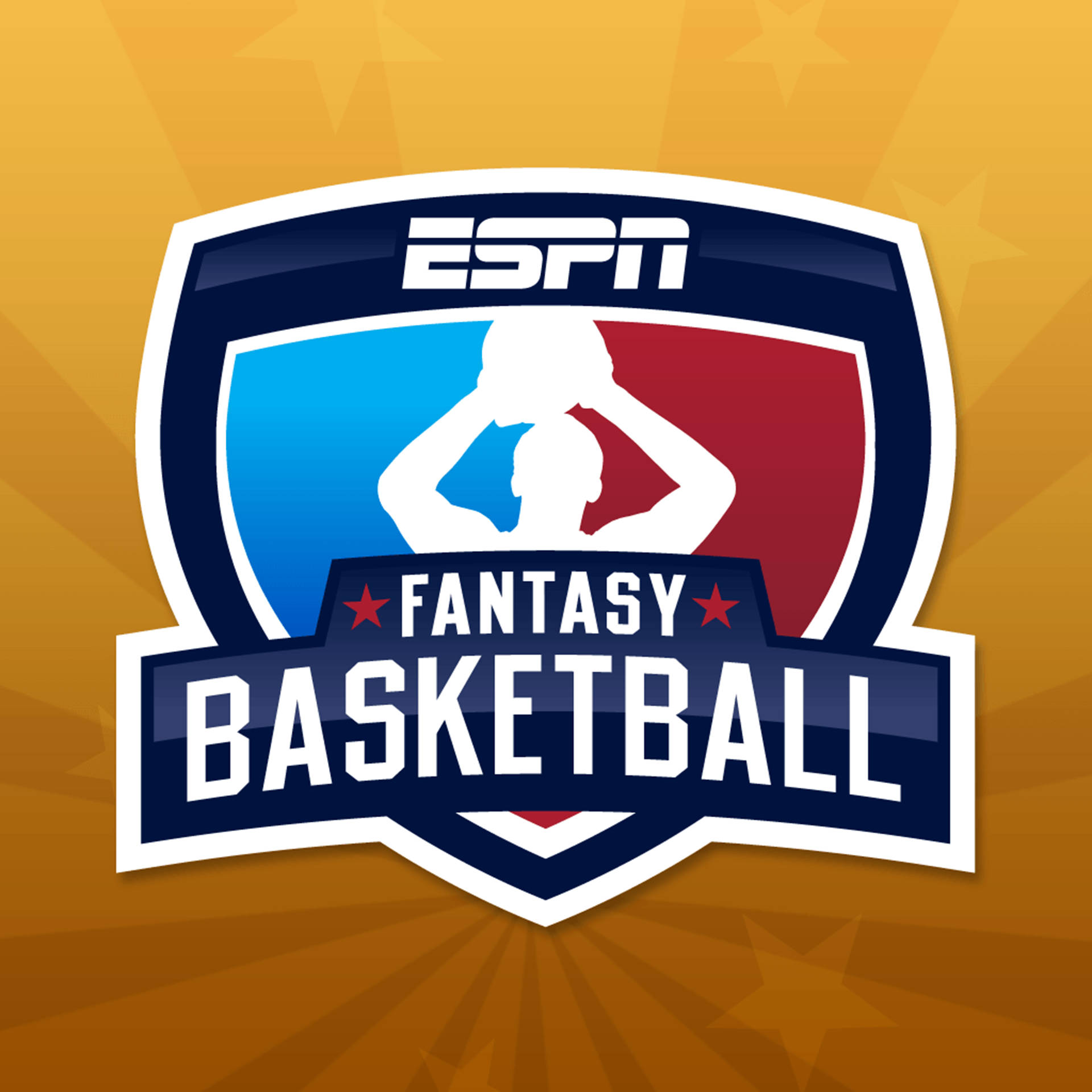 ESPN Fantasy Basketball 標誌，盾牌上球員剪影，金色星爆背景。
