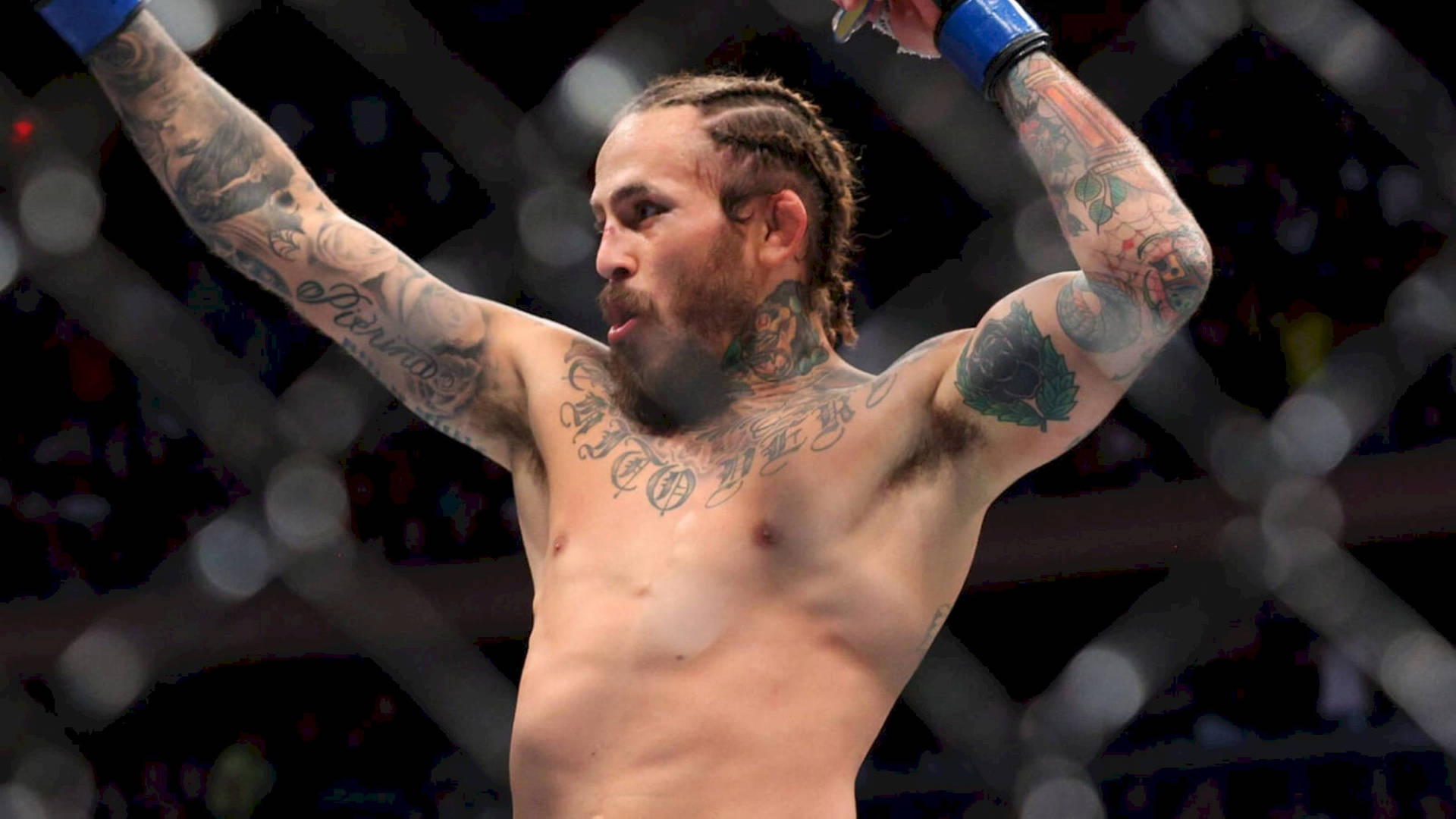 紋身MMA拳手在八角籠內高舉雙臂慶祝勝利。