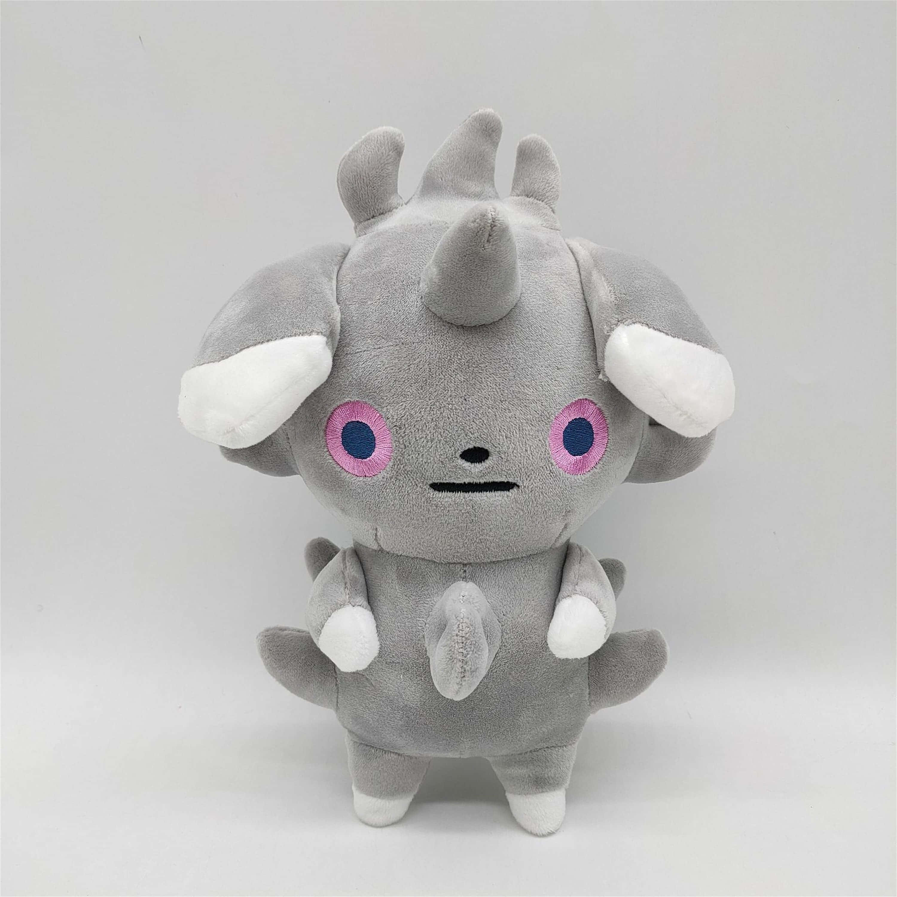 灰色Espurr毛絨玩具 壁紙 — 一隻柔軟灰色嘅Pokémon Rhyhorn毛公仔，有粉紅色眼睛同白色點綴，企喺純白色背景前面。