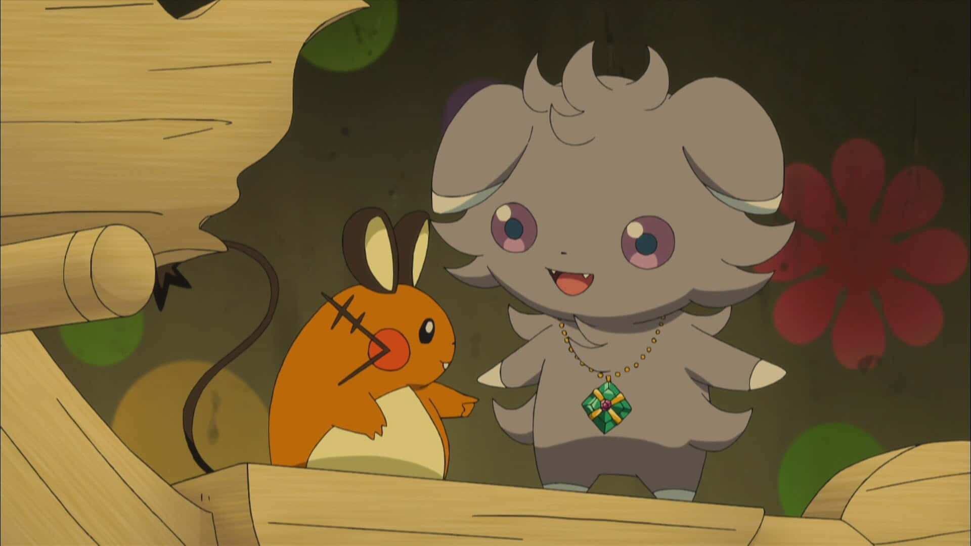 微笑的Espurr與Dedenne 壁紙 — 兩個可愛的動畫寶可夢角色，一隻細小的橙色老鼠和一隻有紫色眼睛的毛茸茸灰色生物，一起站在一個有紅色花朵背景的木結構中。