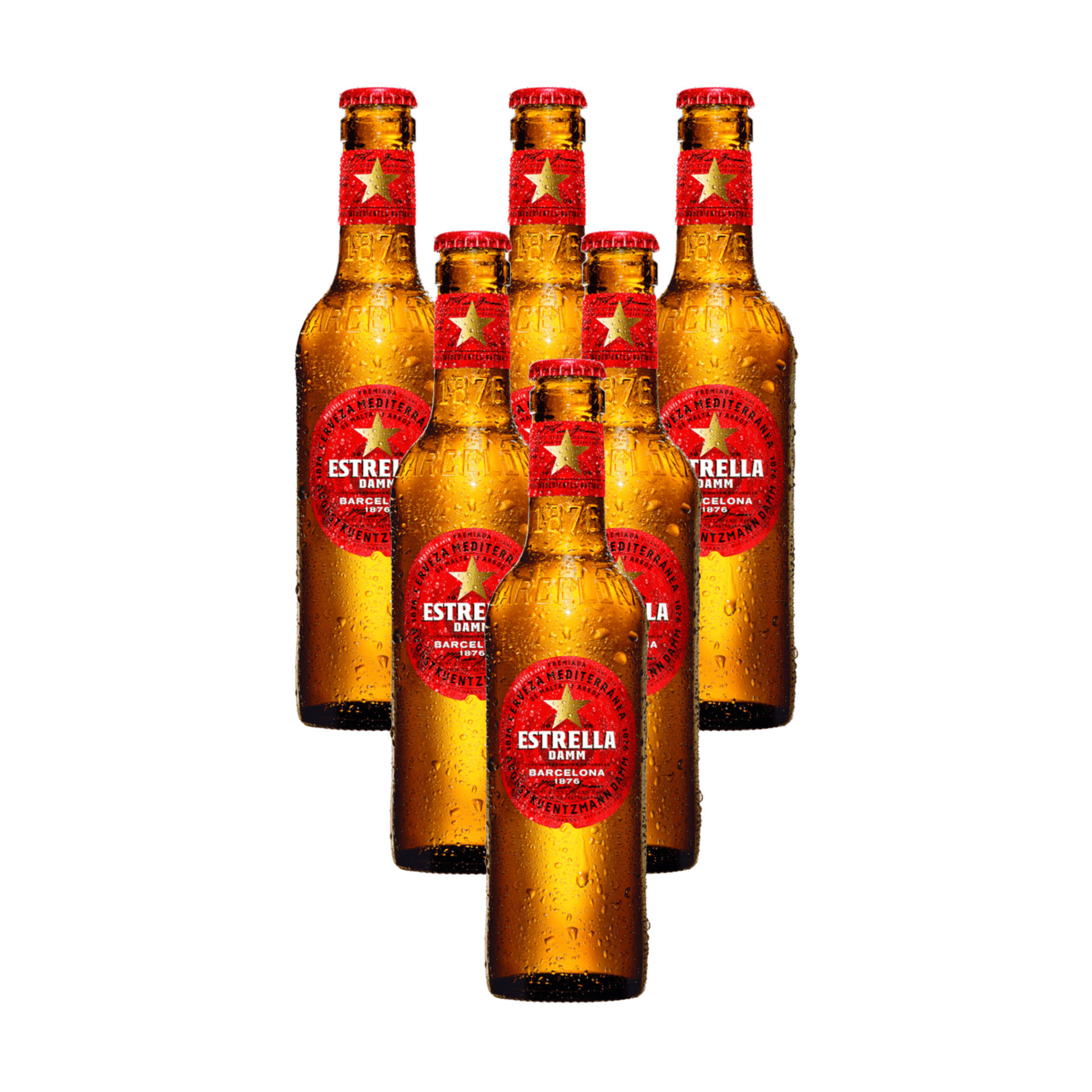 六瓶冰凍的Estrella Damm啤酒瓶在白色背景上帶有冷凝水珠。
