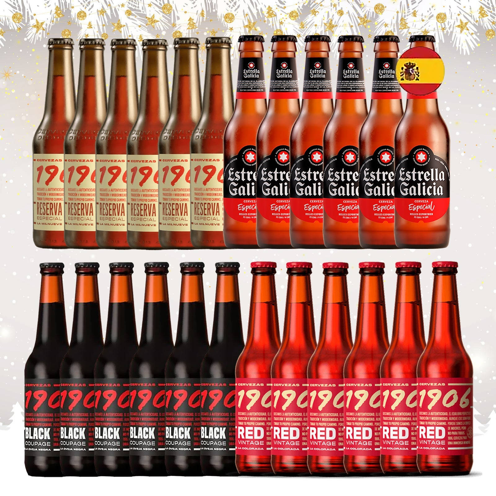 為節日慶祝而排列的一排排 Estrella Galicia 啤酒瓶。