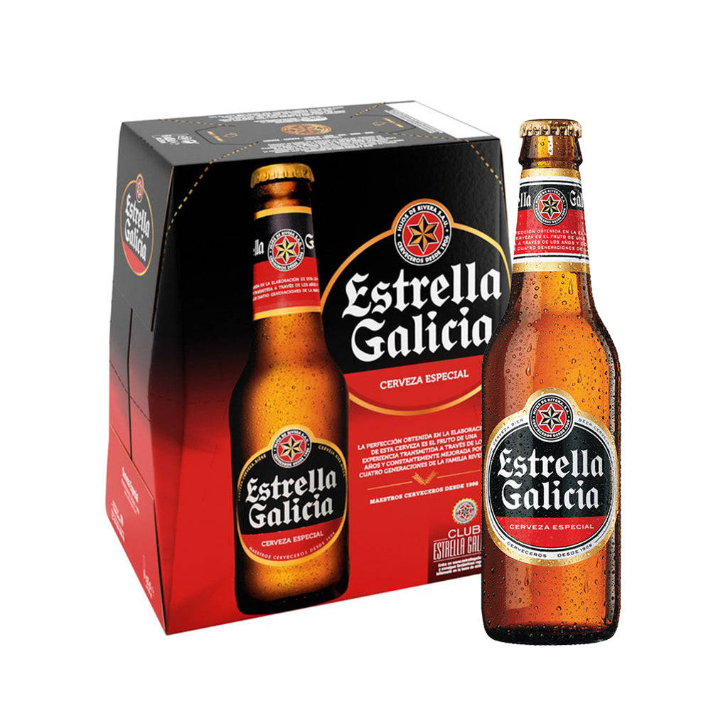 冰凍的Estrella Galicia啤酒瓶旁邊是六罐裝盒。