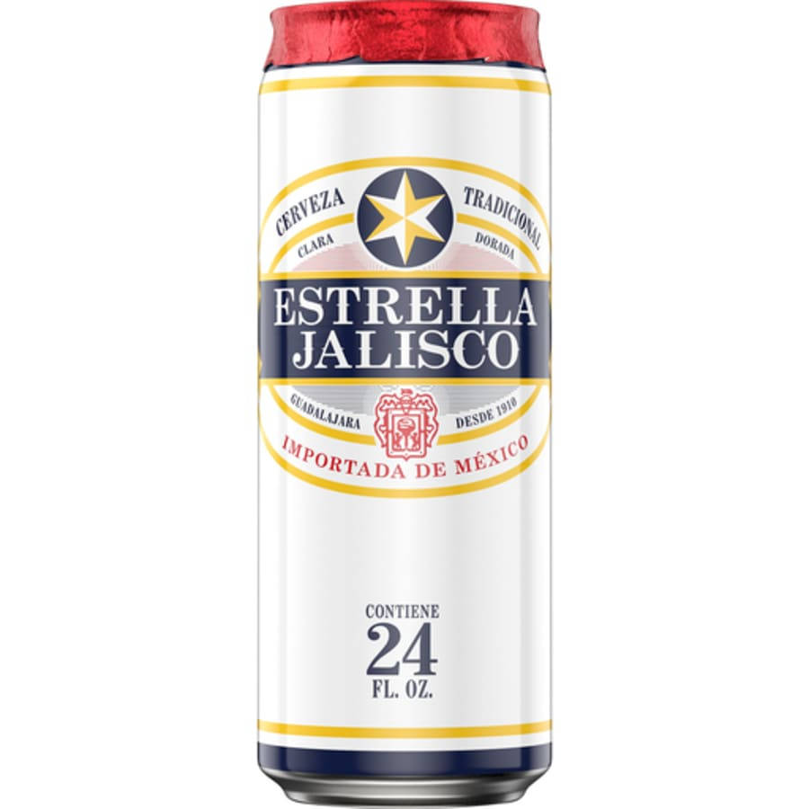 Estrella Jalisco啤酒罐，紅色頂部和白色標籤