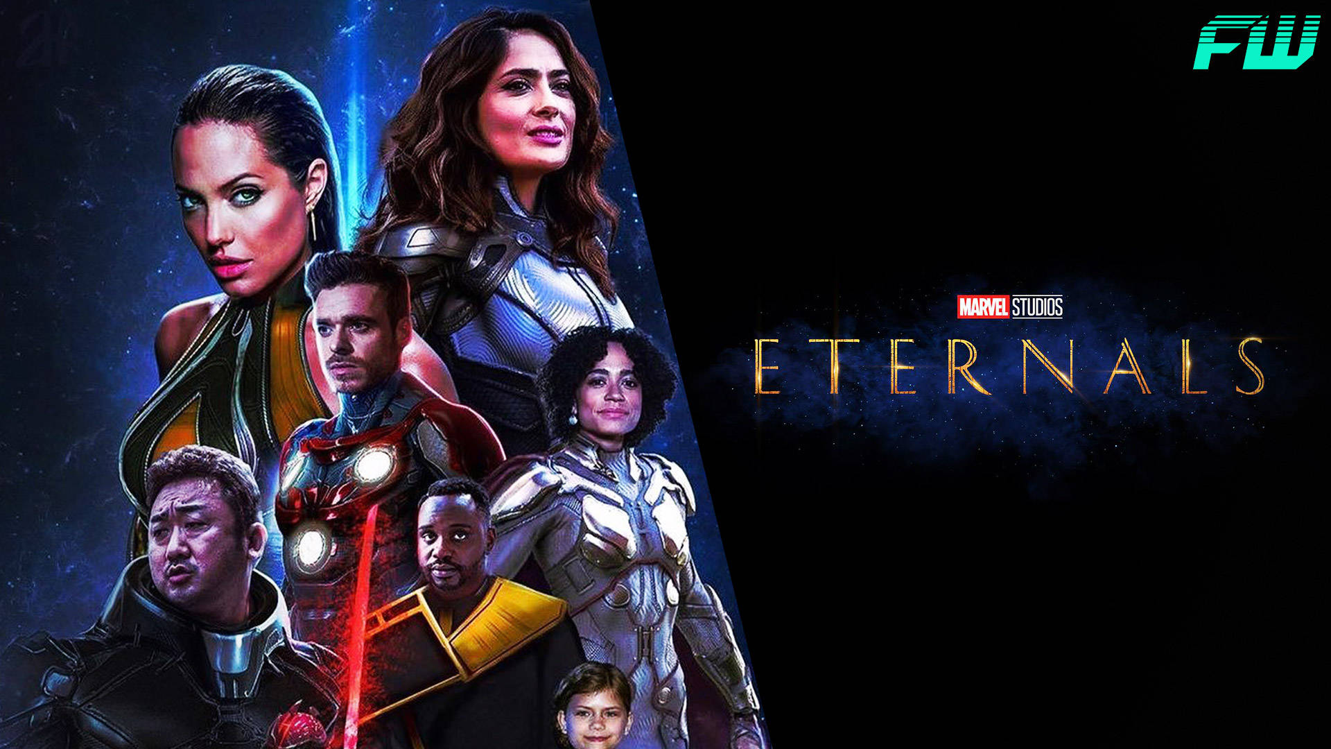 《Eternals》2021電影數位封面 壁紙 — Marvel Studios《永恆族》的電影海報，七位超級英雄身穿未來裝甲，背景是宇宙星空。