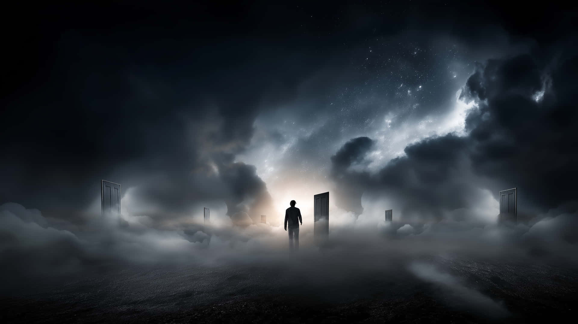 一個人在有星星和烏雲的霧夜天空中走向發光的門。