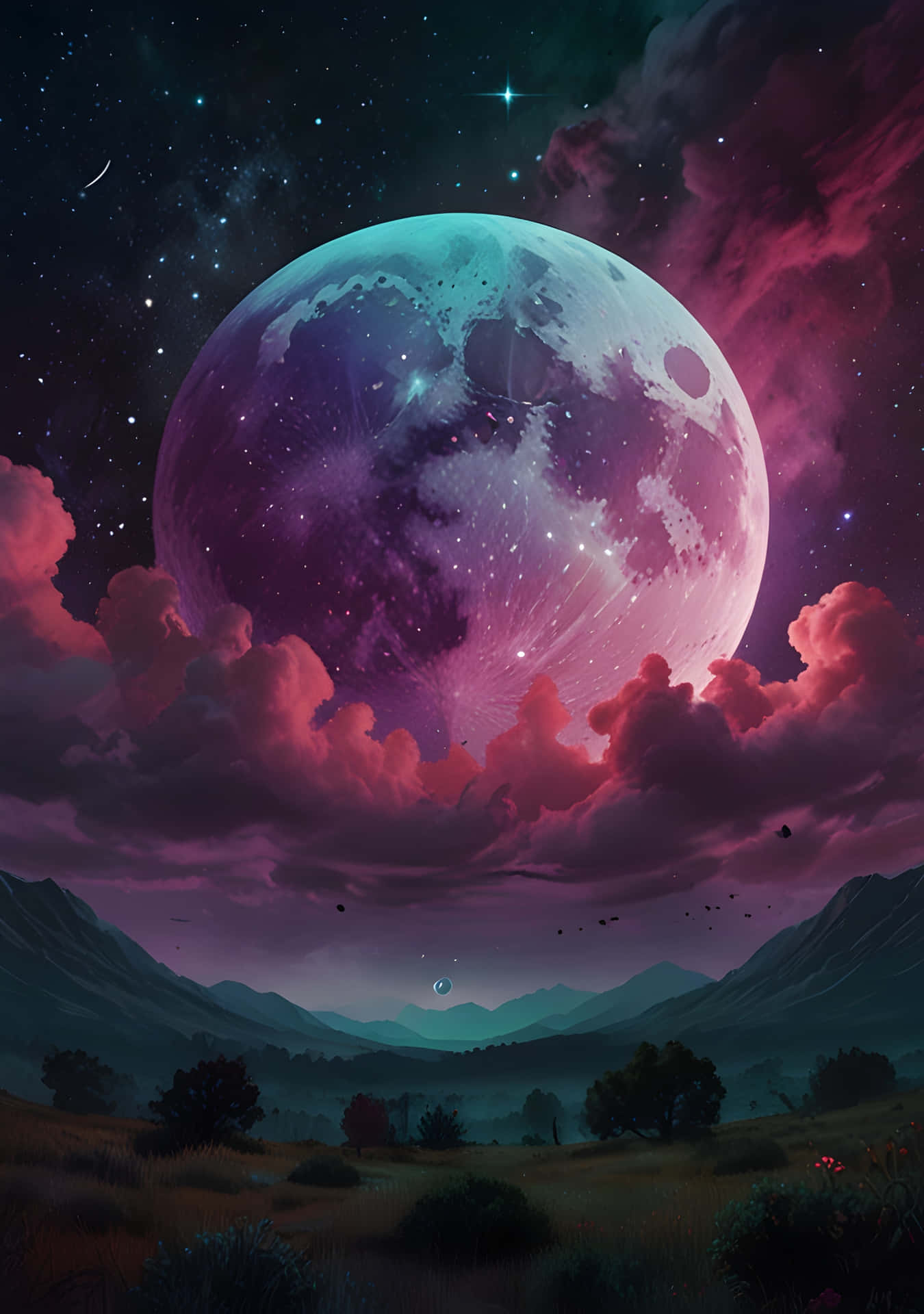 超現實的夜景，巨大的發光月亮懸掛在山脈和粉紅雲層之上。